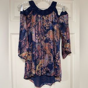 Danielrainn Cold Shoulder Crochet Double Layer Colorful Paisley Blouse Small